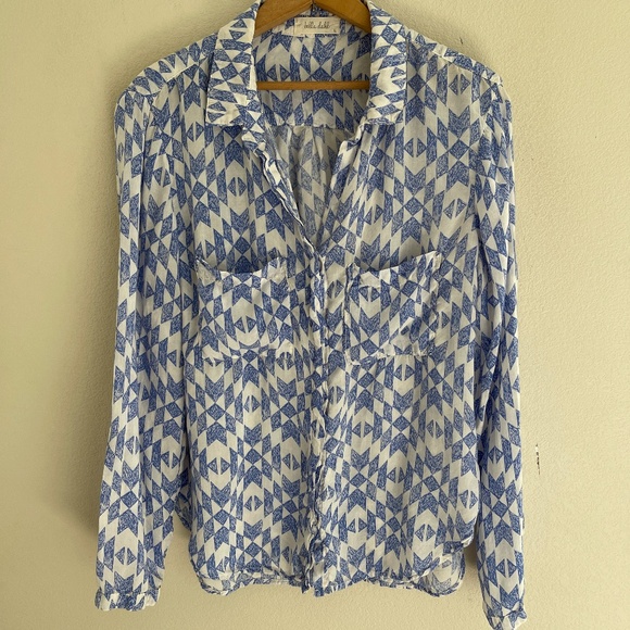 BELLA DAHL Blue & White Geometric Print Blouse: Very Good Condition; Size LARGE - Picture 1 of 3